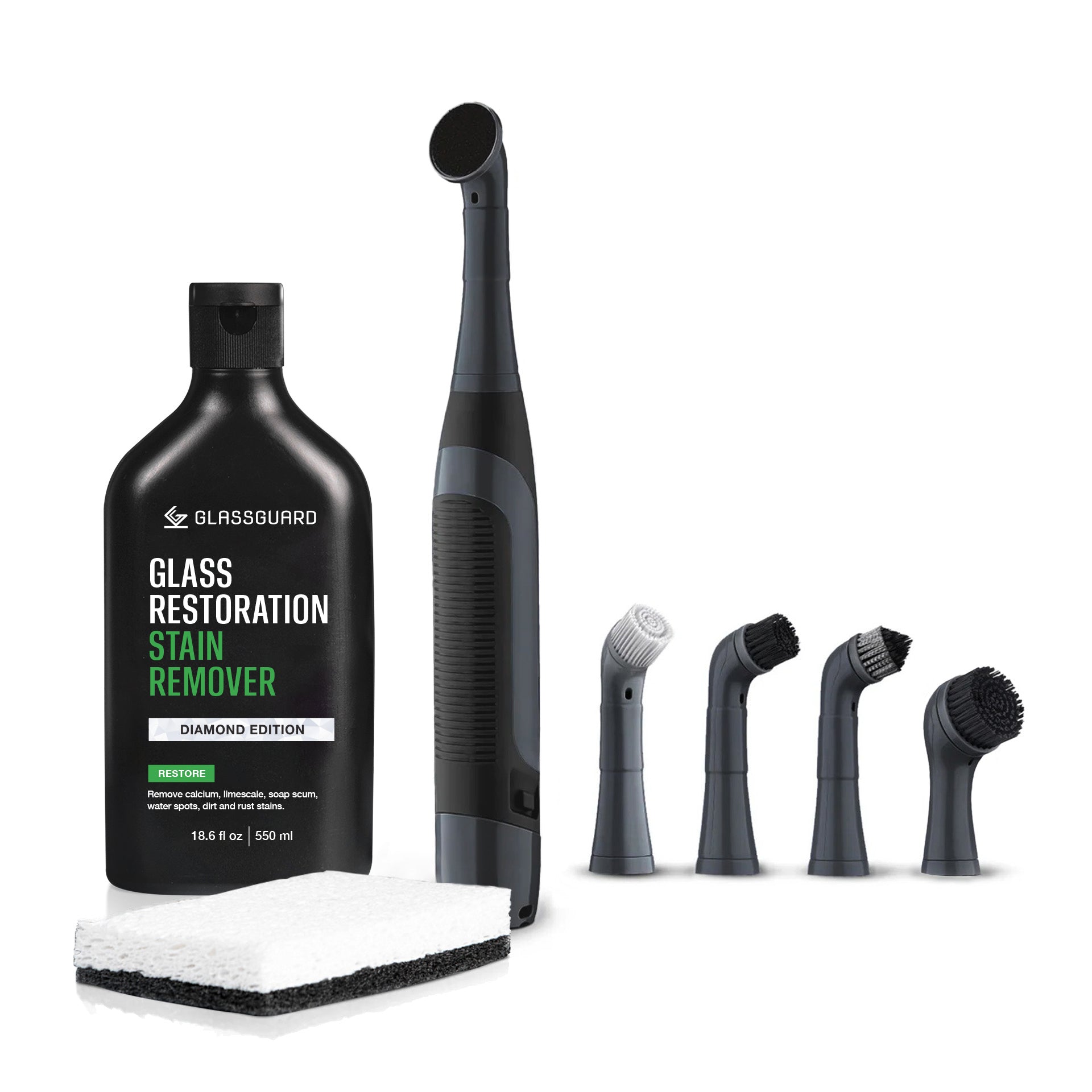 GLASSGUARD Glass Stain Remover + Mini Electric Scrubber Bundle with Glass Restoration Stain Remover Diamond Edition bottle and Mini Electric Scrubber for removing hard water stains, soap scum, and mineral build-up from glass and tiles.